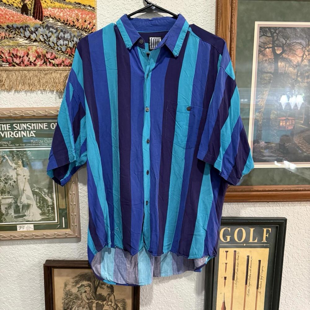 Vintage 80s RARE IOU Men's Striped Button Down Short Sleeve Blue Shirt‎ Size XL